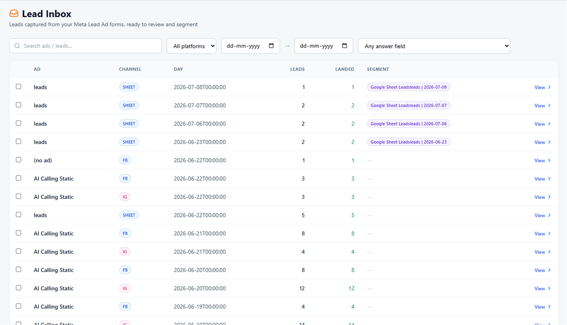 Platform Lead Capture Dashboard